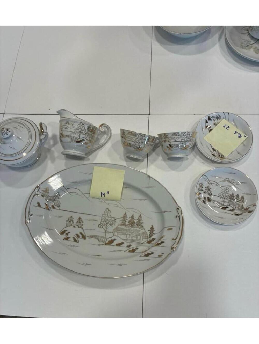 Vintage Gold Landscape Porcelain Set Platter, Creamer, Sugar, Cups, Saucers